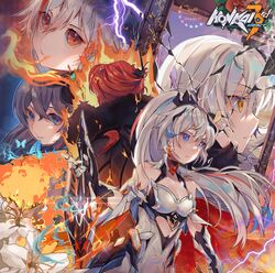  5girls armor back back-to-back bare_shoulders blue_eyes breasts bronya_zaychik bronya_zaychik_(herrscher_of_reason) cleavage closed_mouth dual_persona earrings fire fu_hua fu_hua_(phoenix) fur_collar gauntlets grey_eyes grey_hair hair_between_eyes hair_ornament highres holding holding_sword holding_weapon honkai_(series) honkai_impact_3rd jewelry kiana_kaslana kiana_kaslana_(herrscher_of_flamescion) kiana_kaslana_(herrscher_of_the_void) long_hair looking_at_viewer multiple_girls murata_himeko murata_himeko_(vermillion_knight) open_mouth ponytail red_eyes red_hair shattered smile sword teeth weapon white_hair yangyii1606_(user_mazh5327) yellow_eyes 