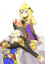  1boy absurdres ahoge barefoot blonde_hair blue_eyes blush breasts bridal_gauntlets cape circlet commission commissioner_upload feet female fire_emblem fire_emblem_fates fire_emblem_heroes full_body hair_ornament head_between_thighs highres igni_tion jewelry kiran_(fire_emblem) kiran_(male)_(fire_emblem) large_breasts long_hair ophelia_(fire_emblem) revision scissorhold smile straight thighhighs turtleneck 