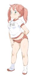  animal_ears arm_behind_back black_eyes buruma character_request commentary_request copyright_request female full_body gym_shirt gym_uniform hand_on_own_leg looking_at_viewer name_tag randou red_buruma red_hair shirt shoes short_sleeves simple_background socks solo standing twintails uwabaki white_background white_socks 