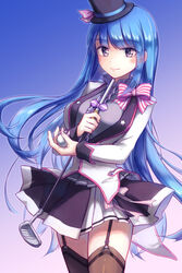  arin ball black_thighhighs blue_hair bow breasts closed_mouth commentary female garter_straps golf_ball golf_club gradient_background hat hat_ribbon holding holding_golf_ball holding_golf_club large_breasts long_hair long_sleeves mini_hat mini_top_hat momiji_asterisk pangya photoshop_(medium) purple_background purple_bow purple_eyes ribbon sidelocks skirt smile solo striped_bow thighhighs top_hat 