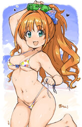  :d aqua_eyes arm_up armpits artist_name bare_shoulders barefoot beach bikini blue_bow blush bottle bow bracelet breasts brown_hair character_name cleavage collarbone commentary_request day female green_eyes hair_intakes hair_ornament hairbow halterneck heart high_ponytail hino_akane_(idolmaster) holding holding_bottle idolmaster idolmaster_cinderella_girls jewelry long_hair looking_at_viewer medium_breasts micro_bikini navel open_mouth orange_hair panties polka_dot polka_dot_bow ponytail randou side-tie_bikini_bottom side-tie_panties sidelocks smile solo stomach sweat swimsuit underwear untied_bikini 