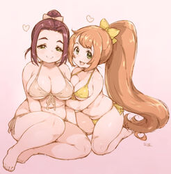  2girls :d arm_hug bare_arms bare_legs bare_shoulders barefoot big_hair bikini blush bow breast_press breasts brown_bikini collarbone commentary_request curvy ebihara_naho fat fat_rolls forehead front-tie_bikini_top front-tie_top hair_bun hairbow half-closed_eyes heart highres idolmaster idolmaster_cinderella_girls large_breasts legs long_hair looking_at_viewer medium_breasts multiple_girls navel no_bangs open_mouth orange_hair pink_background plump randou short_bangs side-tie_bikini_bottom sidelocks single_hair_bun sitting smile soles swimsuit very_long_hair wakabayashi_tomoka yellow_bikini yellow_bow yellow_eyes yuri 