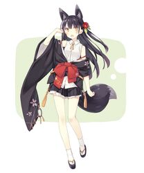  animal_ear_fluff animal_ears bare_shoulders black_hair blush commentary_request contrapposto eyebrows female flower fox_ears fox_tail full_body hair_flower hair_ornament japanese_clothes kuromitsu_nene leaf long_hair miniskirt off_shoulder open_mouth original pleated_skirt poco_(asahi_age) sandals shirt skirt sleeveless sleeveless_shirt solo standing tabi tail white_background yellow_eyes zouri 