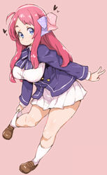  adjusting_clothes adjusting_legwear ahoge blue_bow blue_bowtie blue_eyes bow bowtie brown_footwear commentary_request female full_body hairbow heart highres loafers long_hair long_sleeves looking_at_viewer minamoto_sakura multicolored_bow pink_background pink_bow pink_hair pleated_skirt polka_dot polka_dot_bow randou school_uniform shoes simple_background skirt smile socks solo standing standing_on_one_leg underbust v white_skirt white_socks zombie_land_saga 