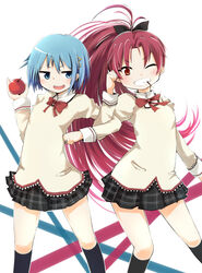  2girls absurdres apple blue_eyes blue_hair blush bow commentary_request damenano104 food fruit hair_ornament hairbow hairclip highres kneehighs locked_arms long_hair looking_at_viewer mahou_shoujo_madoka_magica mahou_shoujo_madoka_magica_(anime) miki_sayaka mitakihara_school_uniform mouth_hold multiple_girls one_eye_closed open_mouth plaid plaid_skirt pocky ponytail red_eyes red_hair sakura_kyoko school_uniform short_hair skirt socks white_background 