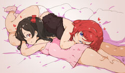  2girls artist_name bed_sheet black_hair black_shirt blush bow camisole chemise commentary_request hairbow hand_on_another&#039;s_leg head_on_ass heart looking_at_viewer love_live! love_live!_school_idol_project lying lying_on_person multiple_girls nishikino_maki off_shoulder on_side on_stomach panties pillow pink_chemise pink_legwear plump purple_eyes randou red_bow red_eyes red_hair shirt short_hair skindentation smile socks thighs tight_clothes twintails underwear white_panties yazawa_nico yuri 