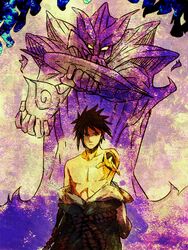  1boy black_hair chappa_(chappa7610) chest looking_at_viewer naruto open_clothes outstretched_arm red_eyes topless tsumami uchiha_sasuke 