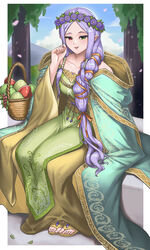  :d apple bare_shoulders basket burnt_green_tea cape collarbone commentary dress female fire_emblem fire_emblem:_the_binding_blade fire_emblem_heroes food fruit green_cape green_dress green_eyes head_wreath highres idunn_(divine_demon)_(fire_emblem) idunn_(fire_emblem) long_hair looking_at_viewer official_alternate_costume official_alternate_hairstyle open_mouth orange_ribbon pointy_ears purple_hair red_eyes ribbon sandals sitting smile solo toes very_long_hair 