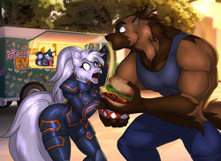  anthro arctic_fox brown_body brown_fur burger canid canine canis clothing commercial_vehicle delivery_(commerce) delivery_vehicle desmond_fargrove duo_focus eating fangs female food food_truck fox fur group gulonine hair male mammal medium_truck multi-stop_van murmur_(slanda) muscular muscular_male mustelid musteline open_mouth public racoonadillo red_eyes shirt tank_top teeth topwear toughset trio truck_(vehicle) true_fox van vehicle white_body white_fur white_hair wolverine 