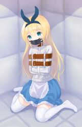  alice_(alice_in_wonderland) alice_in_wonderland apron blonde_hair blue_eyes bound bound_arms commentary_request dress empty_eyes female frilled_dress frills gagged hairband highres long_hair padded_walls panel_gag raftetram restrained sitting solo straitjacket tearing_up thighhighs variant_set wariza 