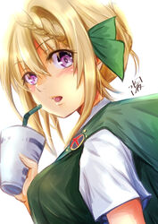  badge blonde_hair blue_necktie braid braided_bangs braided_bun cape commentary_request cup disposable_cup dress_shirt drink drinking_straw female green_cape green_vest hair_bun highres kantai_collection looking_at_viewer mizuya_chiharu necktie one-hour_drawing_challenge open_mouth perth_(kancolle) school_uniform shirt short_hair signature simple_background solo upper_body vest white_background white_shirt 