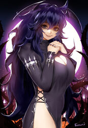  alternate_breast_size backlighting breasts chinese_commentary cleavage cleavage_cutout closed_mouth clothing_cutout commentary_request cowboy_shot cross-laced_slit easonx evil_smile fake_wings female full_moon halloween head_wings heart_cutout hex_maniac_(pokemon) highres huge_breasts long_hair looking_at_viewer moon night own_hands_together pokemon pokemon_xy purple_eyes purple_hair purple_nails shaded_face side_slit smile solo variant_set very_long_hair wings 