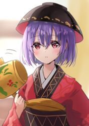  blush bowl bowl_hat female hair_between_eyes hat highres holding japanese_clothes kimono long_sleeves miracle_mallet obi one-hour_drawing_challenge parted_lips purple_hair red_eyes red_kimono sash shironeko_yuuki short_hair solo sukuna_shinmyoumaru touhou upper_body wide_sleeves 