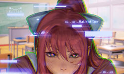  artist_logo artist_name bad_id bad_pixiv_id blurry blurry_background blush bow classroom commentary desk doki_doki_literature_club english_commentary english_text female hairbow heart heart-shaped_pupils implied_fellatio indoors kittew long_hair looking_at_viewer monika_(doki_doki_literature_club) patreon_username school_desk silk solo sweat symbol-shaped_pupils tsurime watermark web_address 