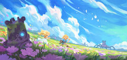  1boy absurdres bird blonde_hair blue_sky blue_tunic boots champion&#039;s_tunic_(zelda) cloud dress female field fingerless_gloves flower gloves good_end grass guardian_(zelda) happy highres link meadow mountainous_horizon o_hezzy open_mouth outdoors princess_zelda running scenery sky smile strapless strapless_dress the_legend_of_zelda the_legend_of_zelda:_breath_of_the_wild weapon weapon_on_back white_dress 