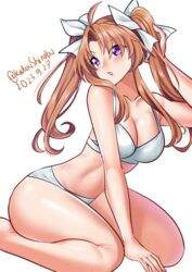  absurdres ahoge bra breasts brown_hair dated female hair_intakes hair_ribbon highres kagerou_(kancolle) kagerou_kai_ni_(kancolle) kantai_collection katou_shinobu kneeling looking_back medium_breasts one-hour_drawing_challenge parted_lips purple_eyes ribbon shorts simple_background solo twintails twitter_username underwear underwear_only white_background white_bra white_ribbon 