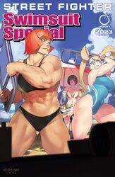  3girls abs beach beach_umbrella biceps bikini black_bikini black_hair blonde_hair bowl breasts chair cleavage commentary competition_swimsuit copyright_name english_commentary folding_chair highleg highleg_swimsuit highres large_breasts marisa_(street_fighter) mask multiple_girls muscular muscular_female norasuko one-piece_swimsuit rainbow_mika red_hair second-party_source smile street_fighter street_fighter_6 street_fighter_iii_(series) street_fighter_v swimsuit table thigh_gap twintails udon_entertainment umbrella yamato_nadeshiko_(street_fighter) 