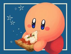  1boy absurdres blue_background blue_eyes border cheese_trail closed_mouth commentary eating food highres holding holding_food holding_pizza kirby kirby_(series) male_focus margherita_pizza no_humans parsley pizza solo star_(symbol) symbol-only_commentary vul3hl0smteyk1z white_border 