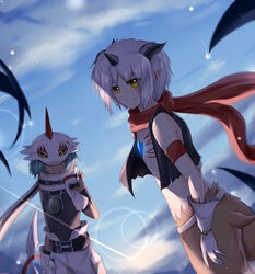  2boys aegiomon arm_warmers armband backlighting bad_id bad_pixiv_id bare_shoulders belt belt_collar belt_pouch black_belt black_tank_top black_vest blue_sky body_markings chain_necklace chains clenched_hand cloud collar commentary cowboy_shot crystal dark-skinned_male dark_skin dawn dew_drop digimon digimon_(creature) explosive fang_out fur gloves green_hair grenade hand_up highres holding holding_weapon horns iguneetmon jewelry leaf lens_flare looking_at_viewer lury.sgh male_focus mask medium_hair monster_boy multiple_boys necklace oerba_yun_fang open_clothes open_vest outdoors pointy_ears pouch red_scarf satyr scarf shaded_face shorts shoulder_spikes sidelocks sky smile spikes standing symbol-only_commentary tail tank_top vest water_drop weapon white_belt white_gloves white_hair white_scarf white_shorts yellow_eyes 