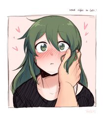  1boy blush english_text female full-face_blush green_eyes green_hair hair_down hands_on_another&#039;s_face heart highres igarashi_futaba_(shiromanta) looking_at_viewer looking_up medium_hair panqlao pov pov_hands right-to-left_comic senpai_ga_uzai_kouhai_no_hanashi straight takeda_harumi_(shiromanta) tears upper_body wiping_tears 