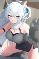  all_fours animal_ear_fluff animal_ears animal_hands arm_strap bare_shoulders black_dress blue_eyes blue_ribbon blurry blurry_background blush breasts cat_ears cleavage commentary_request depth_of_field drawn_whiskers dress eyebrows_hidden_by_hair fake_animal_ears female gloves hair_between_eyes hair_ribbon halloween halterneck happy highres hitachi_sou indoors large_breasts long_hair looking_at_viewer neck_fur on_bed open_mouth original paid_reward_available paw_gloves pov ribbon shiraga_(hitachi_sou) short_dress sidelocks smile solo two_side_up white_hair 