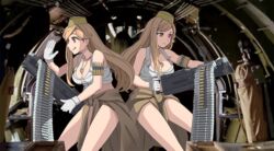  2girls :q airplane_interior ammunition_belt between_breasts breasts brown_hair brown_jacket browning_m2 cleavage clone clothes_around_waist commentary_request dog_tags girls&#039;_frontline gloves gun heavy_machine_gun holding holding_gun holding_weapon jacket jacket_around_waist large_breasts long_hair m2hb_(girls&#039;_frontline) machine_gun memphis_belle multiple_girls parody red_eyes scene_reference shirt sleeveless sleeveless_shirt smile tab_(tabkun) tied_shirt tongue tongue_out weapon white_gloves white_shirt 