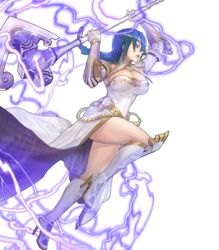  axe battle_axe boots braid breasts bridal_gauntlets circlet cleavage dress female fire_emblem fire_emblem_heroes full_body gold_trim green_hair hair_ornament high_heel_boots high_heels highres holding holding_weapon jewelry knee_boots large_breasts leg_up lightning long_hair long_sleeves looking_away maeshima_shigeki non-web_source official_art open_mouth single_braid solo striped thighs thorr_(fire_emblem) tied_hair transparent_background vertical_stripes weapon white_dress white_footwear yellow_eyes 