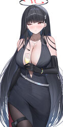  alternate_costume black_dress black_hair blue_archive blunt_bangs blush breasts cleavage collarbone commentary_request dress female hair_ornament hairclip halo highres jewelry large_breasts long_hair necklace pantyhose red_eyes rio_(blue_archive) shougun_(chuckni1) sleeveless sleeveless_dress solo very_long_hair 