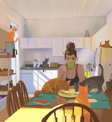  black_cat closed_eyes coffee_mug cup faux_traditional_media feline female food highres holding holding_cup kitchen messy_hair mug orange_cat original outdoors refrigerator scenery snatti table too_many too_many_cats 