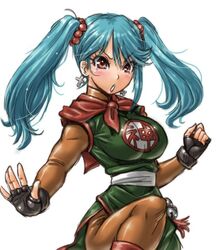  amania_orz blue_hair breasts cosplay cross cross_earrings dragon_quest dragon_quest_iii earrings female fighter_(dq3) fingerless_gloves gloves jewelry large_breasts long_hair looking_at_viewer simple_background solo twintails white_background 