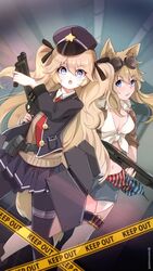  2girls absurdres american_flag animal_ears black_legwear blonde_hair blue_eyes blue_jacket blue_skirt breasts brown_jacket brown_vest cat_ears cleavage collared_shirt denim denim_shorts girls&#039;_frontline goggles goggles_on_head gun hair_ribbon hat highres holding holding_gun holding_weapon jacket long_hair m500_(girls&#039;_frontline) mineta_naoki mossberg_500 multiple_girls necktie pantyhose police police_hat police_uniform policewoman pump_action red_necktie ribbon serbu_super-shorty shield shield_module shirt shorts shotgun shotgun_shell skirt strap super-shorty_(girls&#039;_frontline) tied_shirt twintails uniform vest weapon white_shirt 