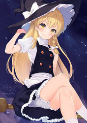  &gt;:) absurdres apron black_hat black_skirt black_vest blonde_hair bloomers blush bow braid broom broom_riding brown_eyes closed_mouth commentary_request crossed_legs feet_out_of_frame female frilled_apron frilled_skirt frills hairbow hand_up hat hat_bow highres kirisame_marisa long_hair looking_at_viewer night night_sky ochinsama outdoors puffy_short_sleeves puffy_sleeves shirt short_sleeves signature single_braid sitting skirt skirt_set sky smile socks solo star_(sky) starry_sky touhou twitter_username underwear v-shaped_eyebrows very_long_hair vest waist_apron white_apron white_bloomers white_bow white_shirt white_socks witch_hat 