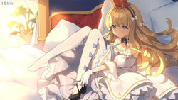  3: absurdres azur_lane black_hairband blonde_hair blush bow crown curly_hair detached_collar detached_sleeves female gloves hairband hairbow highres long_hair mini_crown no_shoes official_alternate_costume official_art pantyhose queen_elizabeth_(azur_lane) queen_elizabeth_(the_queen&#039;s_ball)_(azur_lane) scarf shin_(new) shoes single_shoe solo striped_clothes striped_pantyhose vertical-striped_clothes vertical-striped_pantyhose waifu2x white_bow white_gloves white_pantyhose white_scarf 