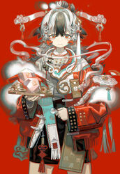  arknights black_hair buttons chinese_commentary clamps coat coin coin_on_string collar commentary_request cowboy_shot female hair_ornament holding holding_plate long_hair looking_at_viewer multicolored_hair norizc originium_arts_(arknights) plate red_background red_eyes smile snowsant_(arknights) solo standing white_hair 