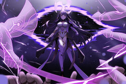  absurdres armor breasts cleavage fake_horns female genshin_impact hair_ornament helmet highres horned_headwear horned_helmet horns japanese_clothes kcar66t large_breasts long_hair looking_at_viewer mole mole_under_eye official_alternate_costume purple_eyes purple_hair raiden_shogun raiden_shogun_(magatsu_mitake_narukami_no_mikoto) revision solo 