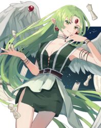  absurdres armpits black_nails chess_piece cowboy_shot earrings female finn_fish flat_chest green_eyes green_hair highres jewelry kamikaze_kaitou_jeanne knight_(chess) long_hair nagimugi nail_polish pawn_(chess) pointy_ears queen_(chess) sleeveless smile solo wings 