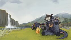  16:9 2023 anthro backpack bottle burger cheese cliff clothed clothing container dairy_products death_stranding detailed_background fingerprint_(artist) food furgonomics grass hi_res lake male motorcycle mountain outside plant rock sergal sitting solo swiss_cheese tail tail_clothing tree vehicle waterfall widescreen 