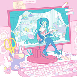  39 aqua_hair black_skirt blush boots candy character_doll collared_shirt commentary computer_keyboard cup curtains detached_sleeves door drawer eighth_note electric_guitar female fender_stratocaster file flash_drive flower folder food guitar hachune_miku halftone hatsune_miku highres indoors instrument kagamine_len kagamine_rin kaito_(vocaloid) letter long_hair long_sleeves megurine_luka meiko_(vocaloid) mini_person minigirl mirror monitor music musical_note pastel_colors pillow pink_flower pink_tulip playing_instrument pleated_skirt red_flower red_tulip scissors shelf shirt sitting skirt sleeveless sleeveless_shirt solo sparkle speaker spring_onion sticky_note takoluka teacup teapot thigh_boots thighhighs tulip usb very_long_hair vocaloid white_flower white_shirt white_tulip wide_shot yoshimon yume_kawaii 