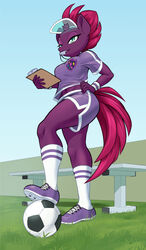  anthro anthrofied armband ball bottomwear broken_horn clipboard clothing dolphin_shorts dstears equid equine female footwear friendship_is_magic fur hair hasbro hat headgear headwear hi_res horn mammal my_little_pony my_little_pony:_the_movie_(2017) mythological_creature mythological_equine mythology purple_body purple_fur purple_hair shoes shorts soccer_ball socks solo tempest_shadow_(mlp) unicorn visor_cap 