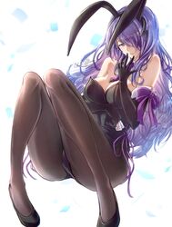  absurdres alternate_costume animal_ears bare_shoulders black_footwear black_gloves black_leotard black_pantyhose bow breasts camilla_(fire_emblem) card clear_glass_(mildmild1311) cleavage detached_collar elbow_gloves fake_animal_ears female fire_emblem fire_emblem_fates gloves hair_over_one_eye highres holding holding_card legs leotard long_hair looking_at_viewer medium_breasts necktie one_eye_covered pantyhose playboy_bunny purple_bow purple_eyes purple_hair purple_necktie rabbit_ears signature simple_background sitting solo strapless strapless_leotard very_long_hair wavy_hair white_background 