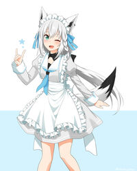  ;d absurdres ahoge alternate_costume animal_ear_fluff animal_ears blue_ribbon blush braid commentary felutiahime female fox_ears fox_girl fox_tail green_eyes hair_between_eyes hair_ribbon highres hololive long_hair long_sleeves looking_at_viewer maid maid_headdress oerba_yun_fang one_eye_closed open_mouth puffy_sleeves ribbon shirakami_fubuki side_braid smile solo star_(symbol) tail virtual_youtuber white_hair 