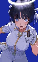  :d azazel_(helltaker) belt black_hair blue_background blue_eyes blush breasts commentary ekao female gloves hair_ribbon halo hand_on_own_hip helltaker highres holding holding_pen large_breasts leaning_forward left-handed looking_at_viewer open_mouth pants pen ribbon shirt short_hair short_sleeves simple_background smile solo sweatdrop teeth white_gloves white_ribbon white_shirt 