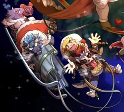  4boys :p animal_ears bathym_(housamo) blonde_hair blush breath chains christmas cow_boy dog_boy dog_ears dog_tail floating full_body garmr_(housamo) highres ikusaba_daisuke multiple_boys ooki_ikutoshi open_mouth pollux_(housamo) santa_costume snow sumi_wo_hakuneko tail taurus_mask tokyo_afterschool_summoners tongue tongue_out 