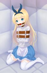  alice_(alice_in_wonderland) alice_in_wonderland apron ball_gag blonde_hair blue_eyes bound bound_arms commentary_request dress empty_eyes female frilled_dress frills gag gagged hairband highres long_hair padded_walls raftetram restrained sitting solo straitjacket tearing_up thighhighs variant_set wariza 