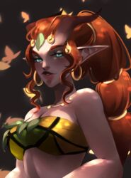  aiushtha_the_enchantress animal_humanoid breasts cleavage clothed clothing deer deer_humanoid dota ear_piercing ear_ring female hair hi_res humanoid humanoid_pointy_ears irushi000 light_body light_skin long_hair looking_at_viewer magic_user mammal mammal_humanoid not_furry piercing ring_piercing simple_background solo 