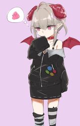  absurdres animal_ear_legwear belt_collar black_jacket blush cat_ear_legwear closed_mouth collar curled_horns demon_girl demon_wings female grey_hair highres horns jacket long_sleeves makaino_ririmu makaino_ririmu_(2nd_costume) multicolored_hair nijisanji oerba_yun_fang off-shoulder_jacket off_shoulder pink_eyes pointy_ears purple_background red_wings shit short_hair simple_background sleeves_past_fingers sleeves_past_wrists smile solo spaghetti_strap spoken_symbol standing striped_clothes striped_thighhighs thighhighs utsusumi_kio virtual_youtuber wings 