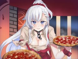  apron azur_lane belfast_(azur_lane) belfast_(piping-hot_perfection)_(azur_lane) blue_eyes blush breasts brown_shirt chains cleavage collar female food giving hair_ornament hair_scrunchie highres holding holding_food holding_pizza large_breasts long_hair maroonabyss official_alternate_costume pepperoni pizza pizza_hut ponytail red_apron red_scrunchie scrunchie shirt solo very_long_hair white_hair 