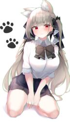  alternate_costume animal_ears azur_lane black_bow black_skirt blush bow breasts cat_ears collared_shirt dress_shirt female formidable_(azur_lane) grey_hair highres kemonomimi_mode kneeling large_breasts long_hair looking_at_viewer nephthys2356 red_eyes ribbon shirt short_sleeves simple_background skirt solo tented_shirt thighs twintails two-tone_ribbon very_long_hair white_background white_shirt 