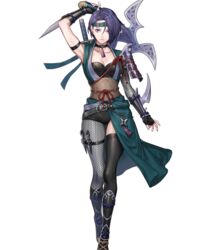  arm_guards arm_up armor armpits asymmetrical_legwear axe battle_axe belt black_legwear bodice breasts choker cleavage closed_mouth collarbone female fingerless_gloves fire_emblem fire_emblem:_three_houses fire_emblem_heroes fishnet_pantyhose fishnets full_body gloves headgear highres holding holding_weapon japanese_clothes kunai large_breasts lips looking_at_viewer ninja non-web_source obi official_alternate_costume official_art p-nekor pantyhose parted_bangs purple_eyes purple_hair sandals sash shamir_nevrand shamir_nevrand_(ninja) shiny_clothes short_hair shorts shoulder_armor sleeveless solo standing sword thighhighs toes transparent_background weapon 