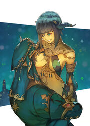  1boy au_ra black_hair blue_eyes blue_headwear blue_jacket breasts brown_hair closed_mouth commentary_request commission covered_nipples dark-skinned_female dark_skin detached_sleeves elezen elf eye_contact female final_fantasy final_fantasy_xiv grin hand_on_another&#039;s_head hide_(hideout) highres horns hug jacket lifting_person long_sleeves looking_at_another medium_breasts original parted_lips pointy_ears revealing_clothes scales short_hair skeb_commission smile straight warrior_of_light_(ff14) white_background 